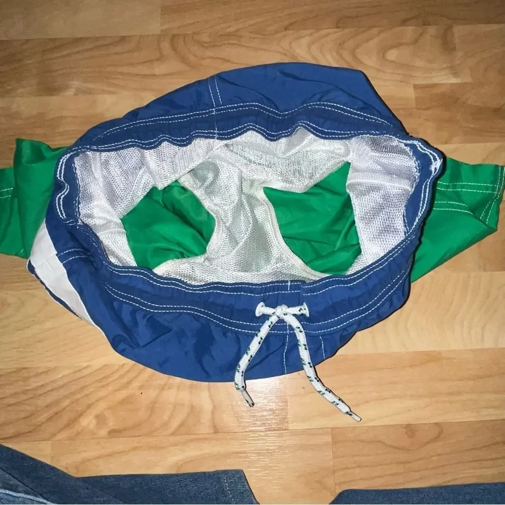 Lands' End Blue & Green Striped Swimsuit Board Shorts